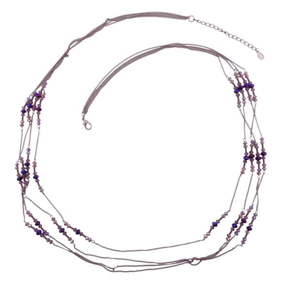c.A.K.e. by Ali Khan Purple Mix Crystals Gunmetal Long Layered Necklace NWOT - Picture 1 of 2